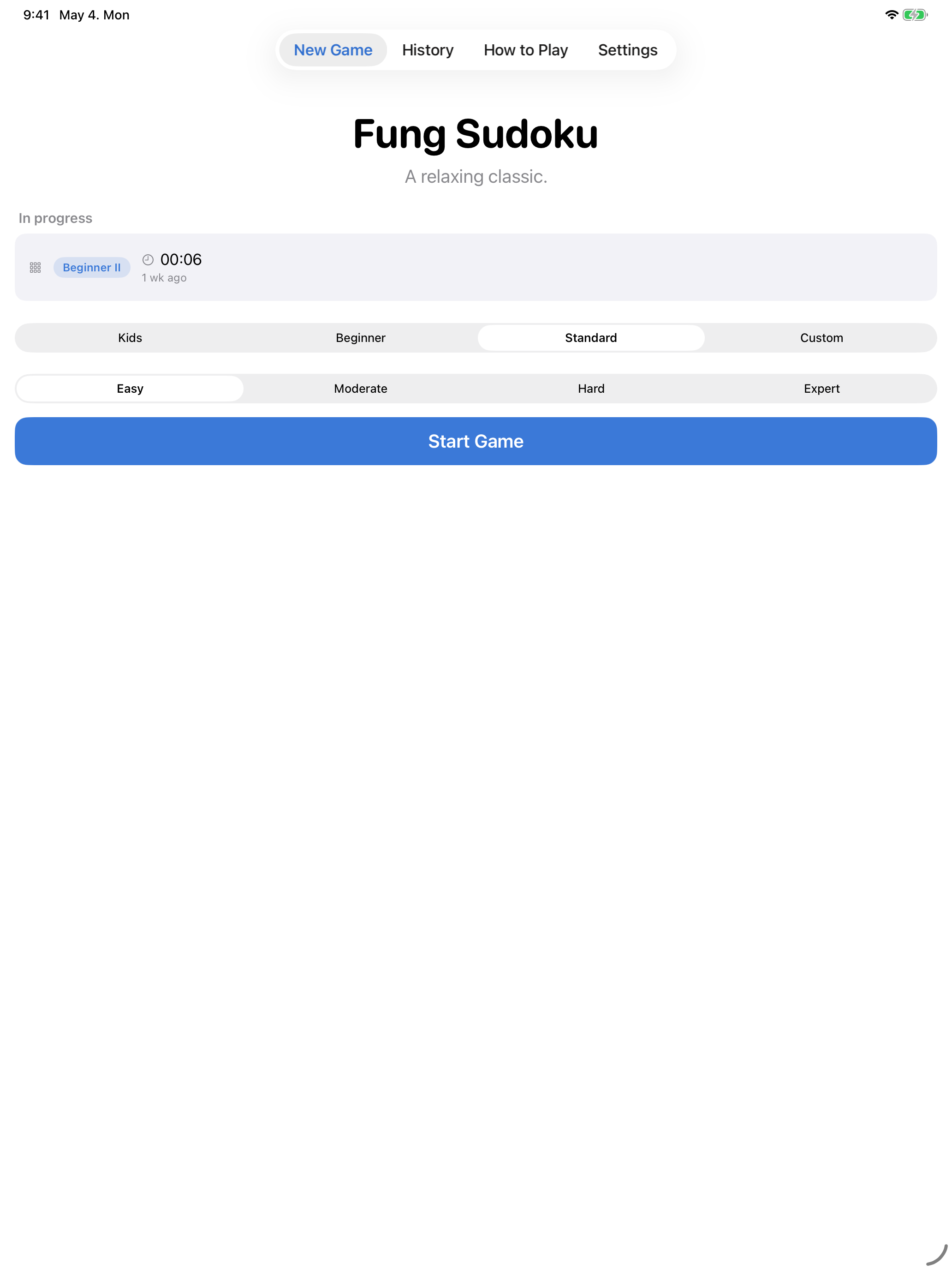 Fung Sudoku on iPad, light theme — the four-mode picker centred at the top.